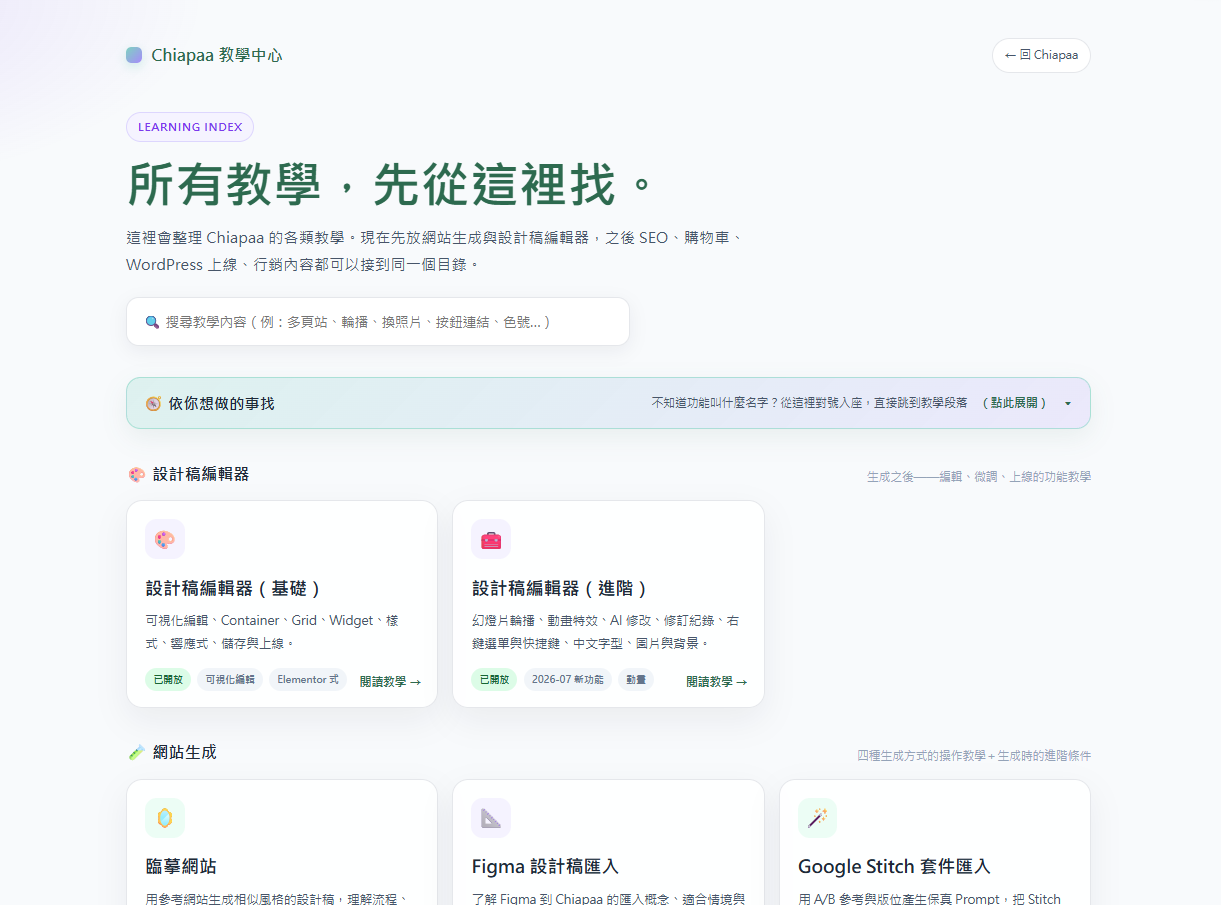 Chiapaa 教學中心，提供各項功能的詳細使用教學